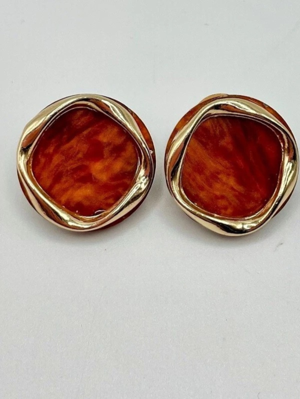 Vintage Signed MONET Amber Resin Molten Gold Tone Statement Stud Earrings